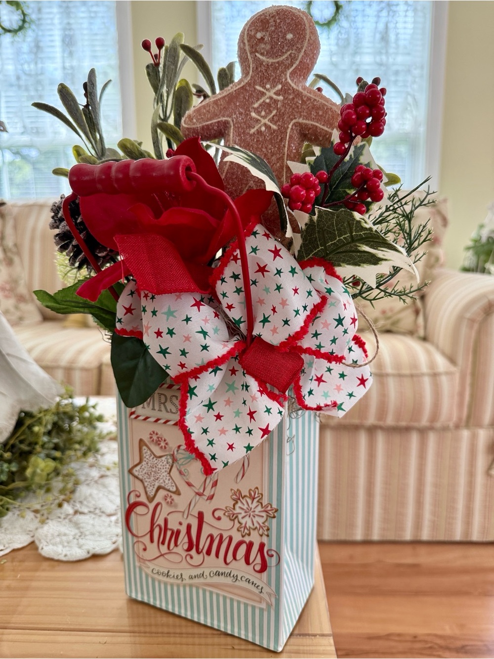 Mrs. Claus Christmas Holiday Cookies & Candy  Floral Arrangement Tin Container